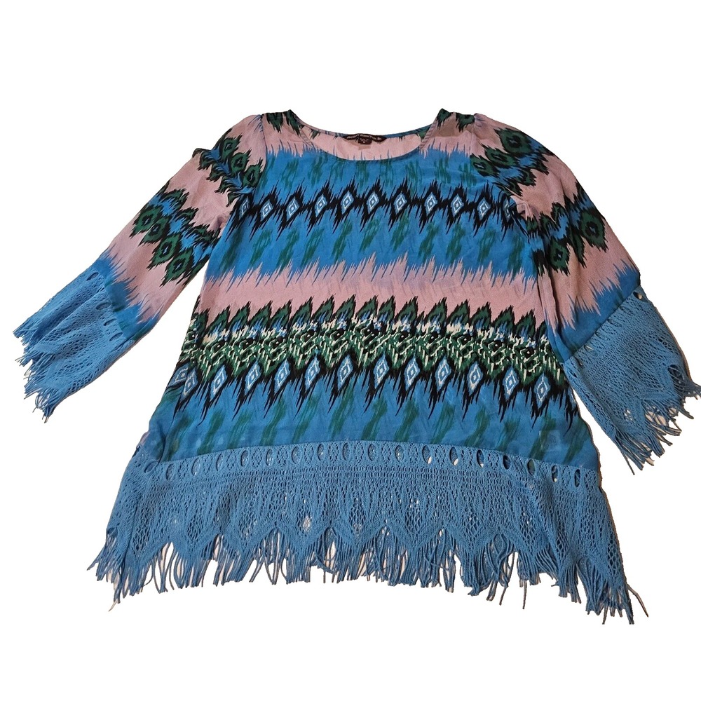 Mushika Sienna Rose Blue Chiffon Boho,Hippie,Fairy,Fringe Trim Tunic Top SZ M